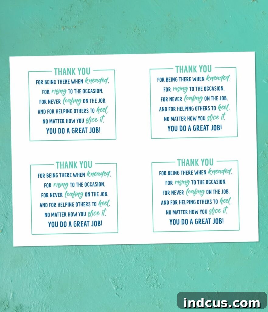 Close-up of the printable bread gift tag design, featuring bread-related puns for a thank you message.