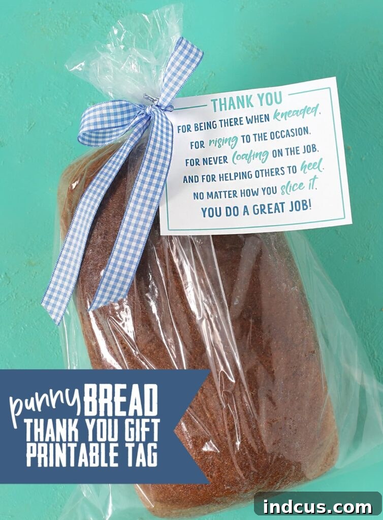 Collection of bread loaves with punny thank you tags, showcasing various gift presentations and encouraging sharing.