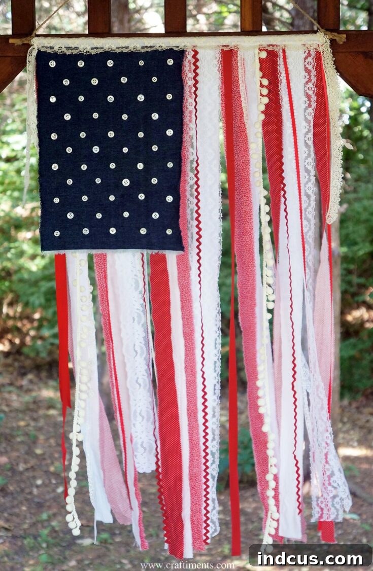 Patriotic ribbon, lace, and fabric scrap flag wall hanging