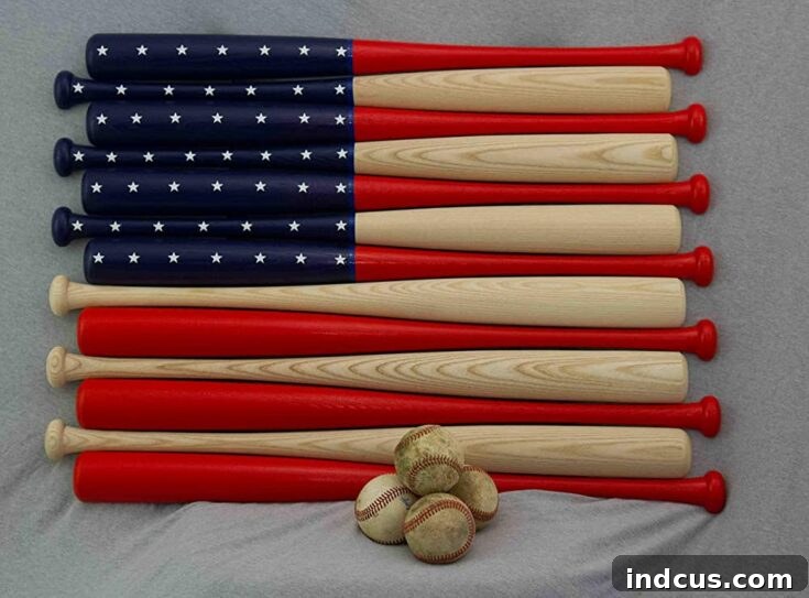American flag artwork made from painted baseball bats