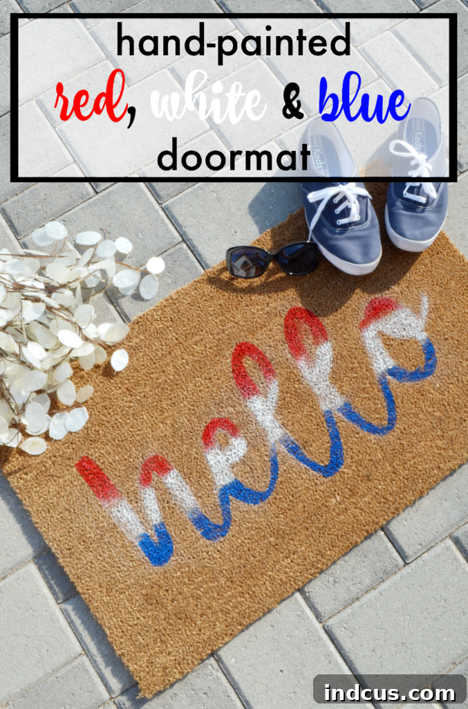 DIY coir doormat with a stenciled red, white, and blue patriotic design