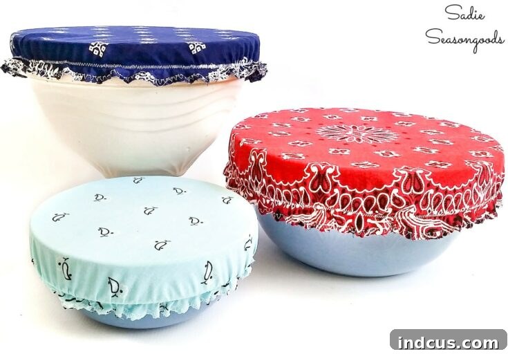 Reusable bowl covers made from patriotic bandanas, covering various food bowls