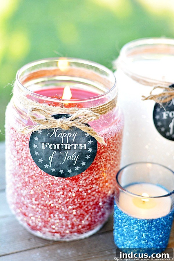 Red, white, and blue glitter candles with patriotic printable tags