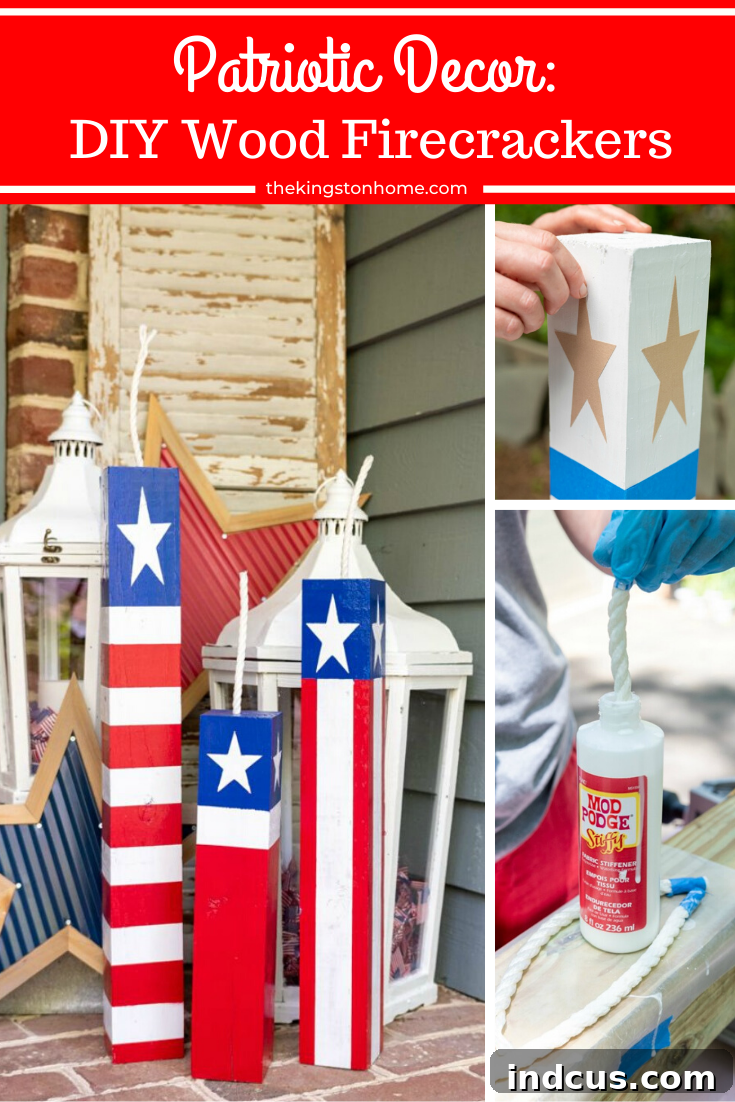 Large DIY wood firecrackers painted in red, white, and blue for porch decor