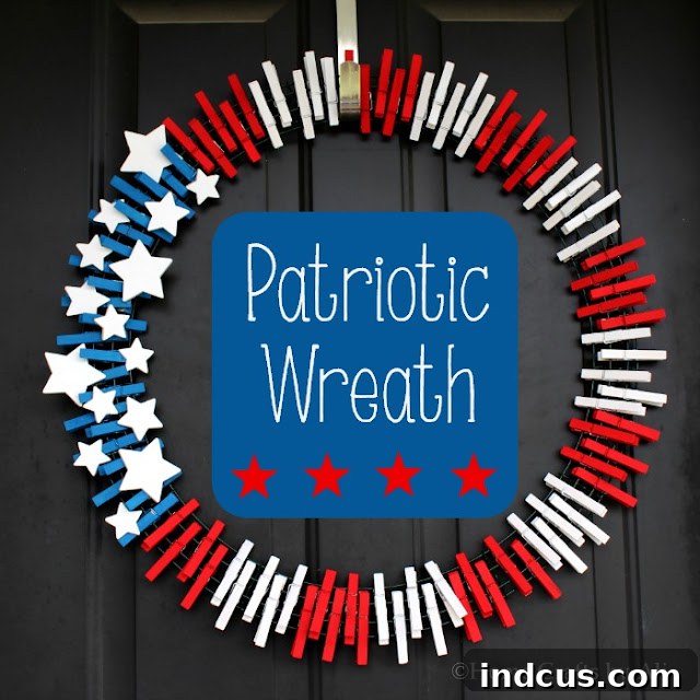 Patriotic clothespin wreath in red, white, and blue colors