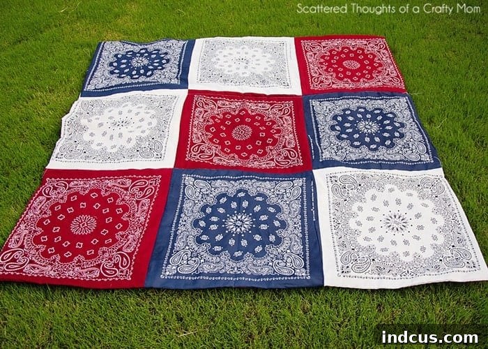 Quilt made from patriotic bandanas in red, white, and blue