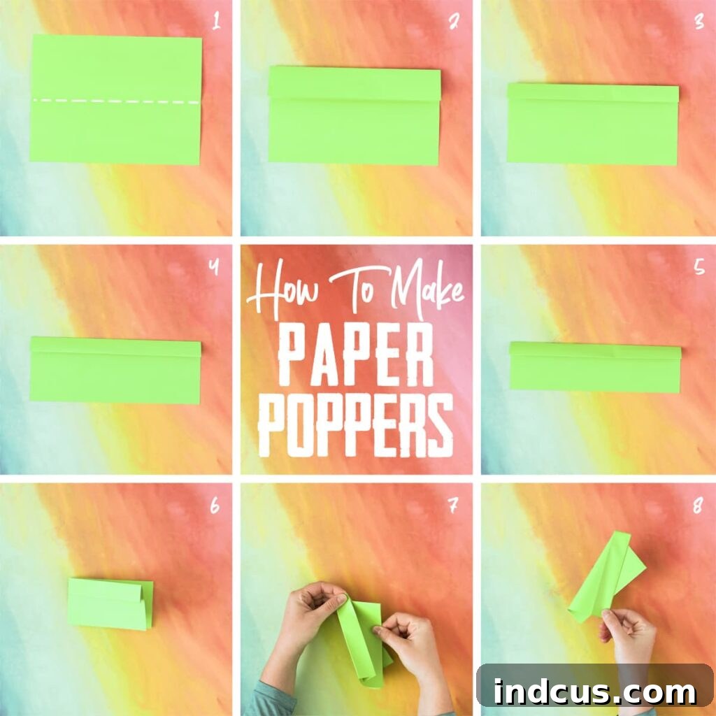 Visual guide for folding a paper popper, showing various stages of the folding process with clear indications.