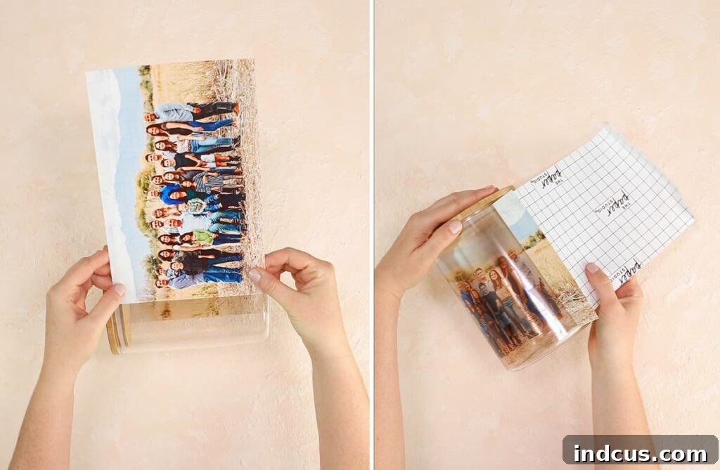 Close-up of clear sticker paper photo on jar