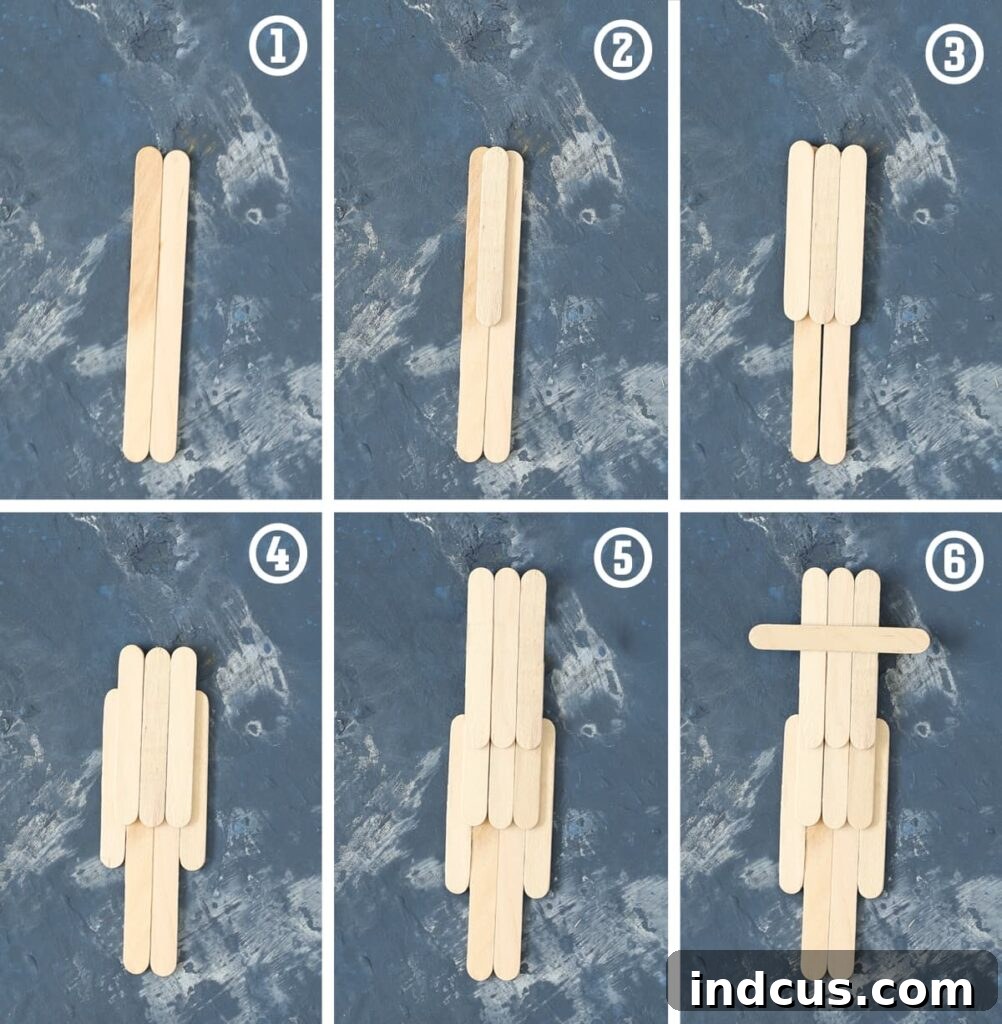 Detailed diagram illustrating how to assemble craft sticks to create the base structure of a person figure