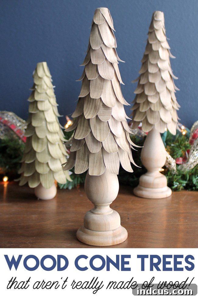 A Pinterest-friendly vertical image showcasing the finished wood-look cone tree craft, encouraging readers to save the idea for DIY Christmas decor and rustic holiday projects