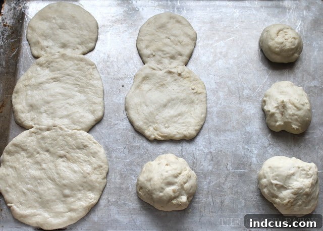 A visual guide showing how to prepare snowman pizzas by carefully shaping pizza dough into three connected, progressively sized balls.