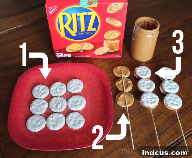 A step-by-step photographic guide demonstrating how to make snowman cracker skewers using melted chocolate, peanut butter, and wooden sticks.
