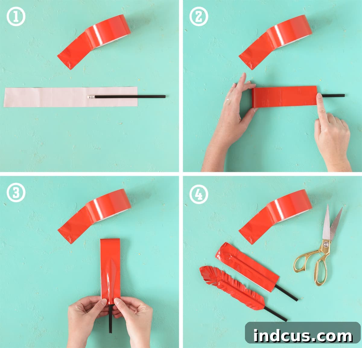 Step-by-step guide to making duck tape feather pencils