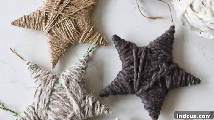 Yarn-wrapped star ornaments for Christmas