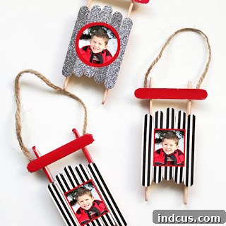 Miniature popsicle stick sled ornament with washi tape