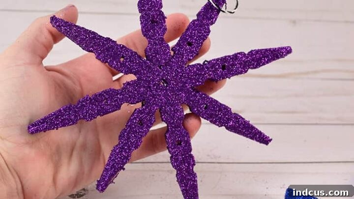 DIY glitter clothespin snowflakes craft