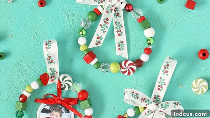 Beaded wreath Christmas ornaments made by children