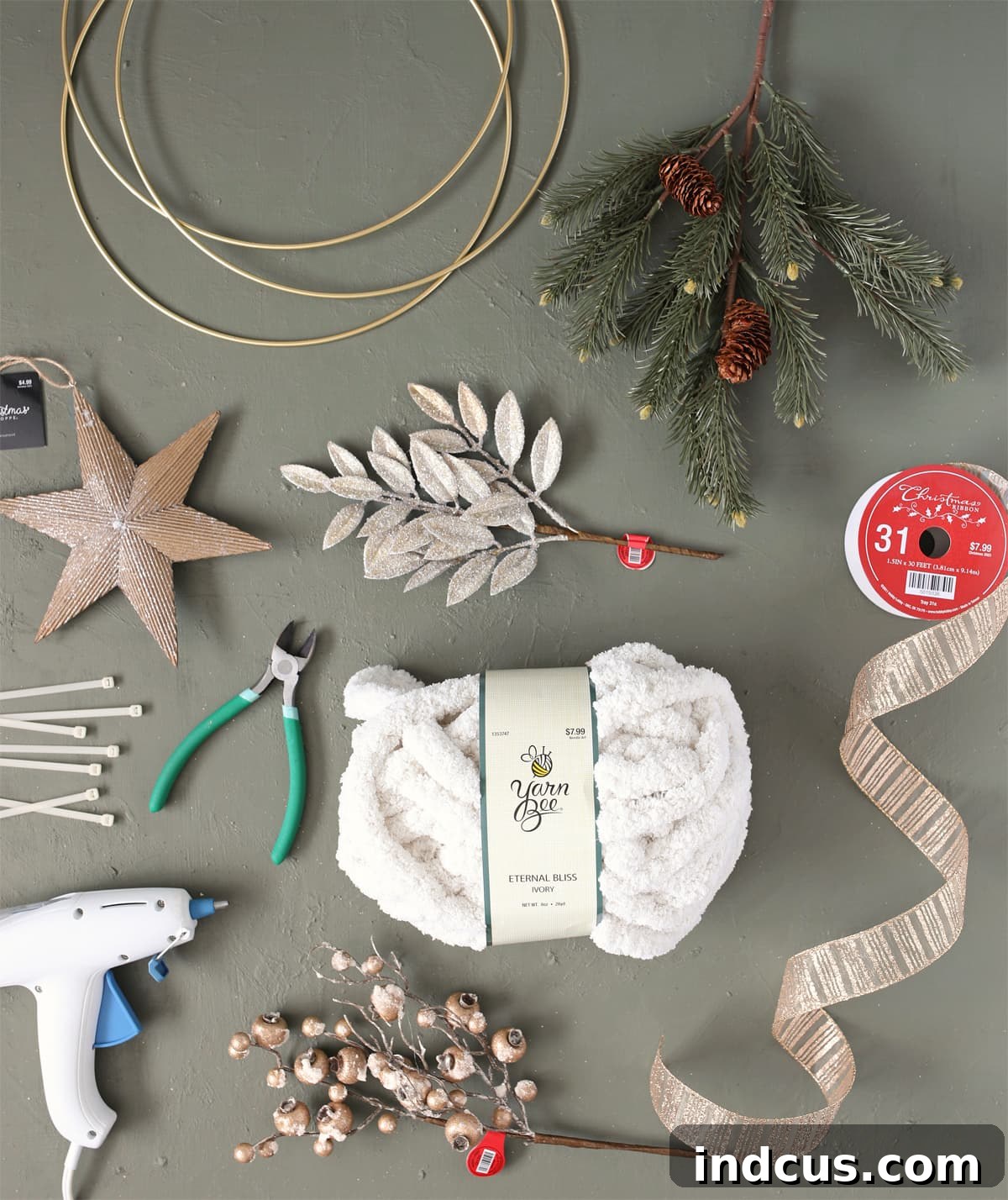 materials needed to make large hoop christmas ornaments