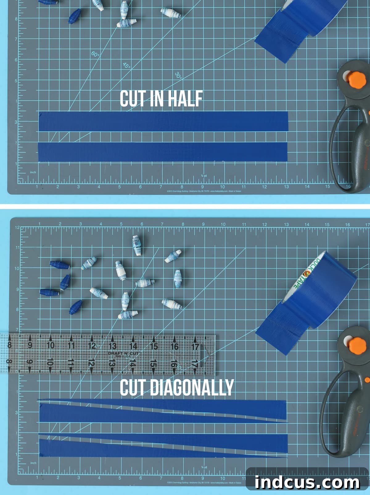 Illustrated steps for cutting Duck Tape into triangular shapes for bead making