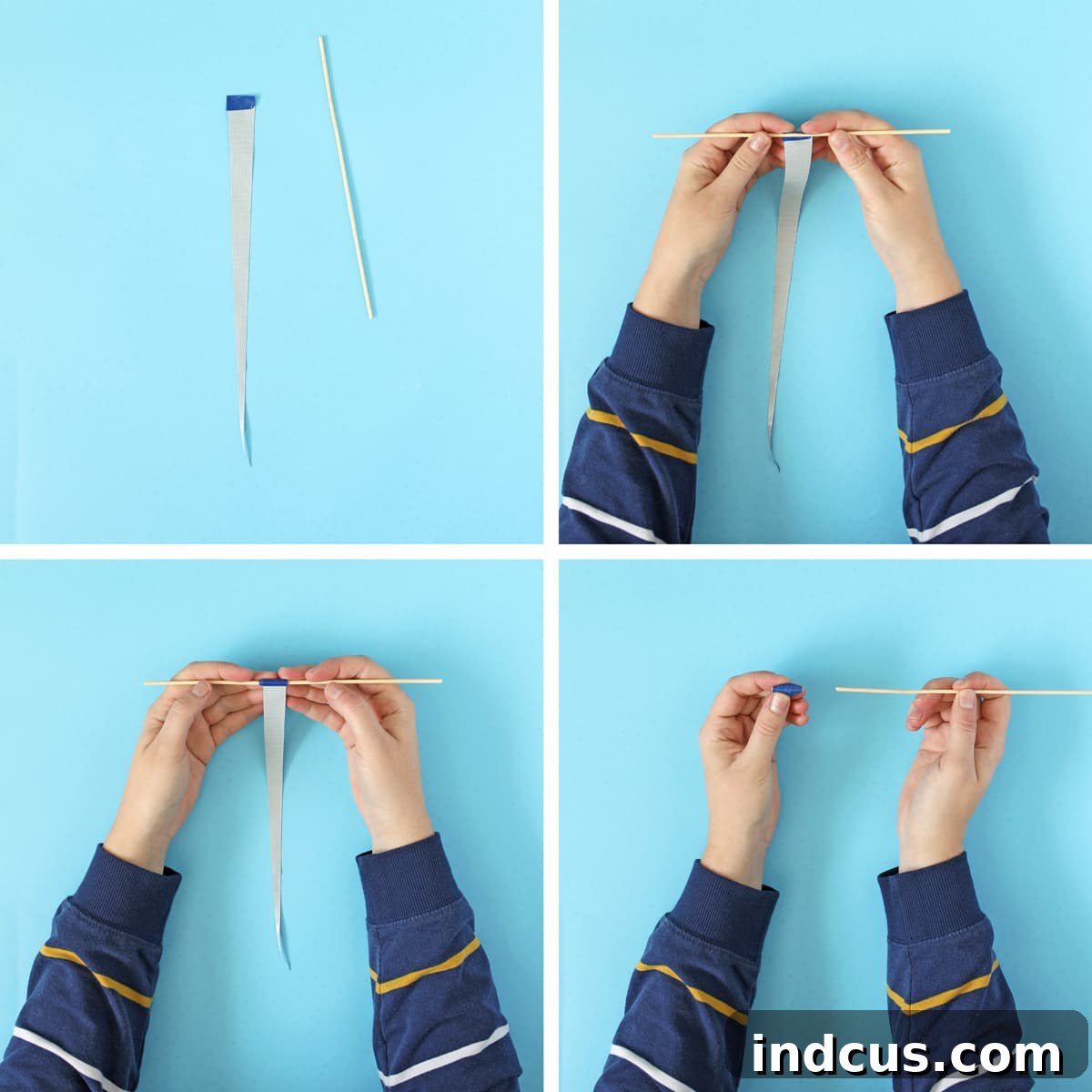 Finished Duck Tape beads displayed next to the wooden skewer used for rolling, showcasing the crafting process
