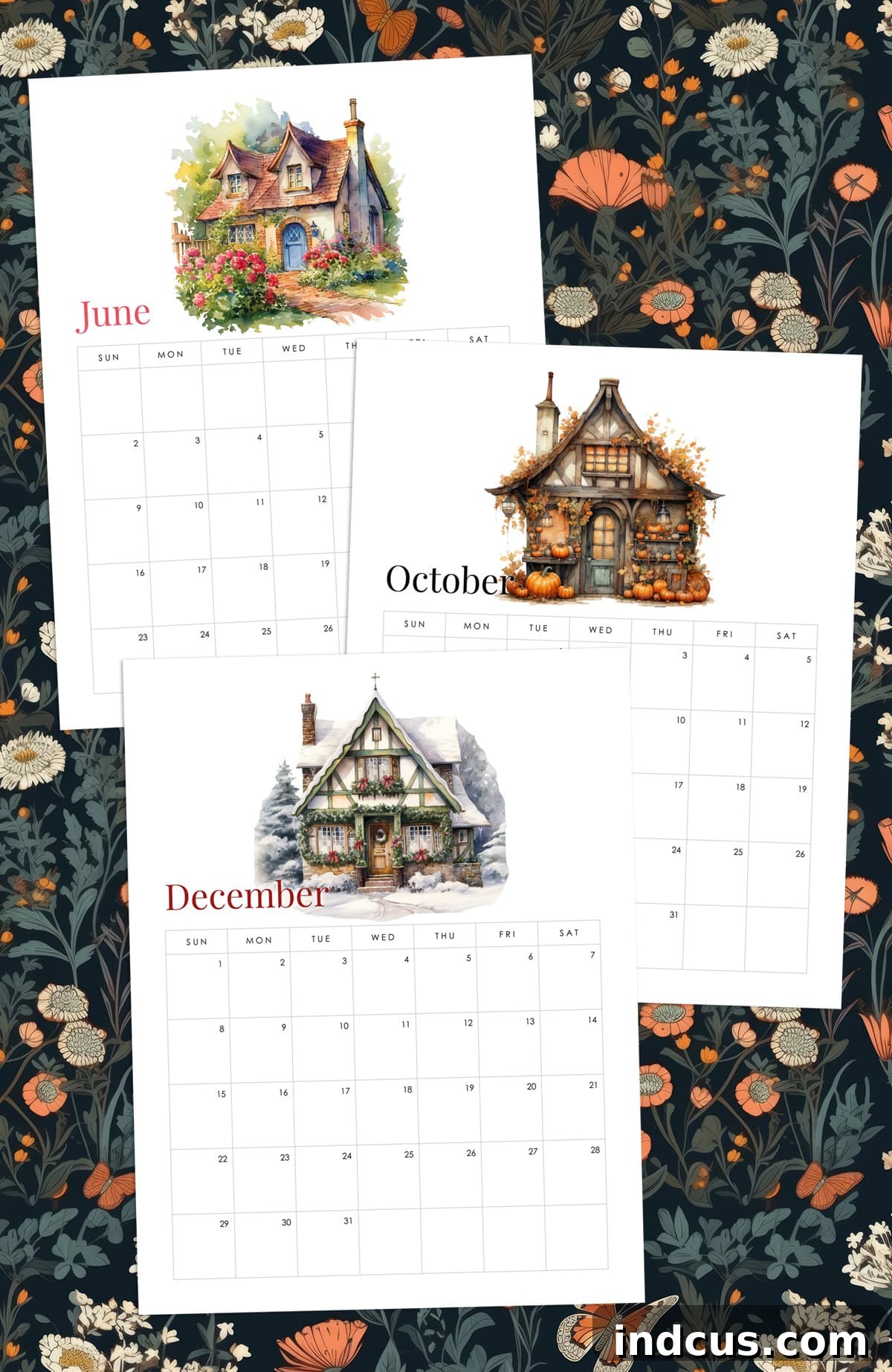 Printable 2024 cozy cottage calendar with seasonal house illustrations.