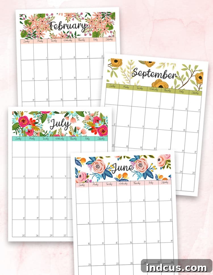 Printable 2024 colorful floral calendar, a popular traditional design.