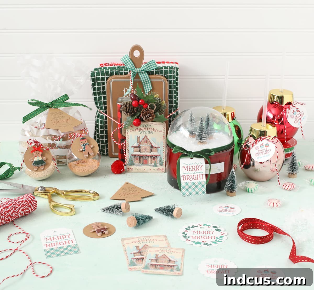 creative but simple christmas gift ideas with printable tags featuring festive arrangements of handmade gifts