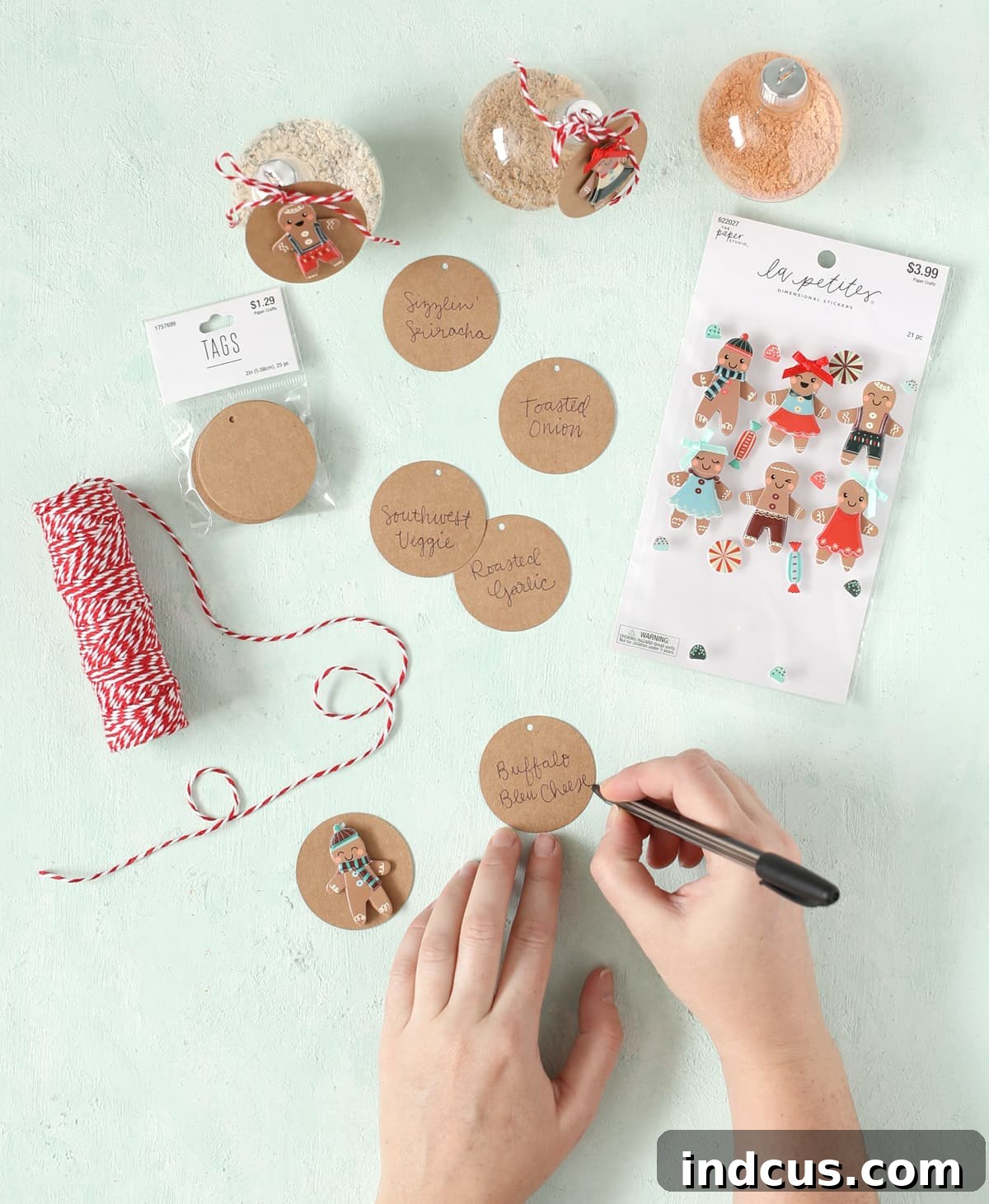 label dip mix on kraft paper tags for christmas with gingerbread stickers