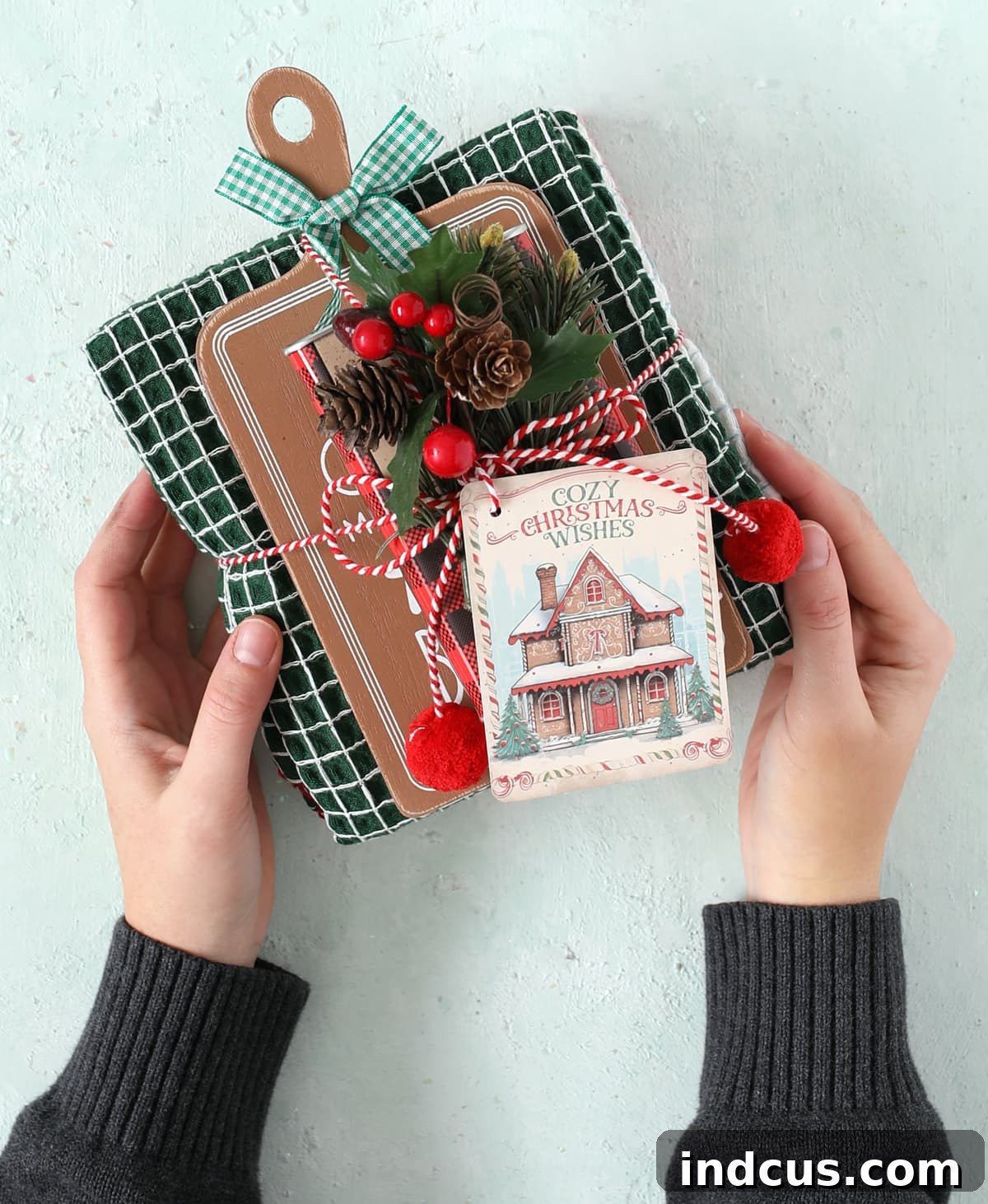 cozy Christmas wishes gift idea with hot cocoa and decorative kitchen towels