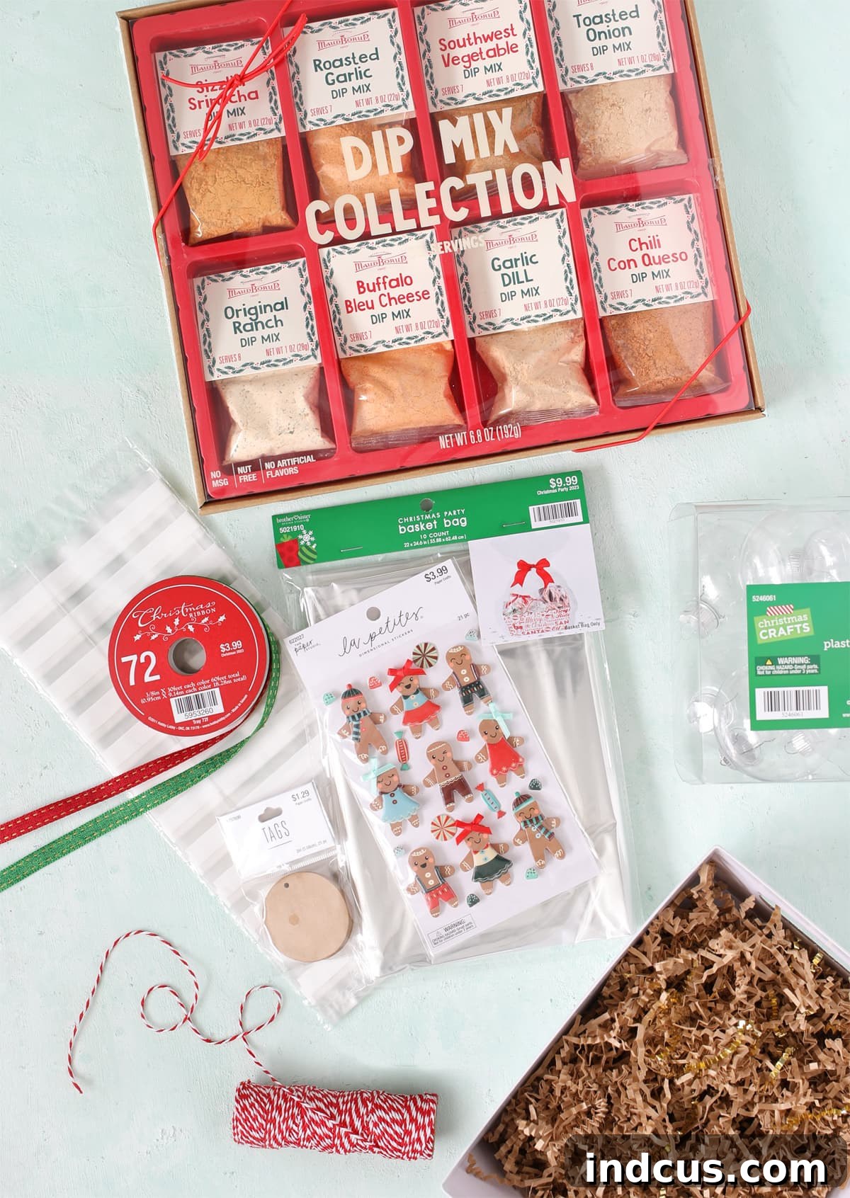 dip mix ornaments christmas gift supplies needed including dip mixes, clear ornaments, and gift packaging