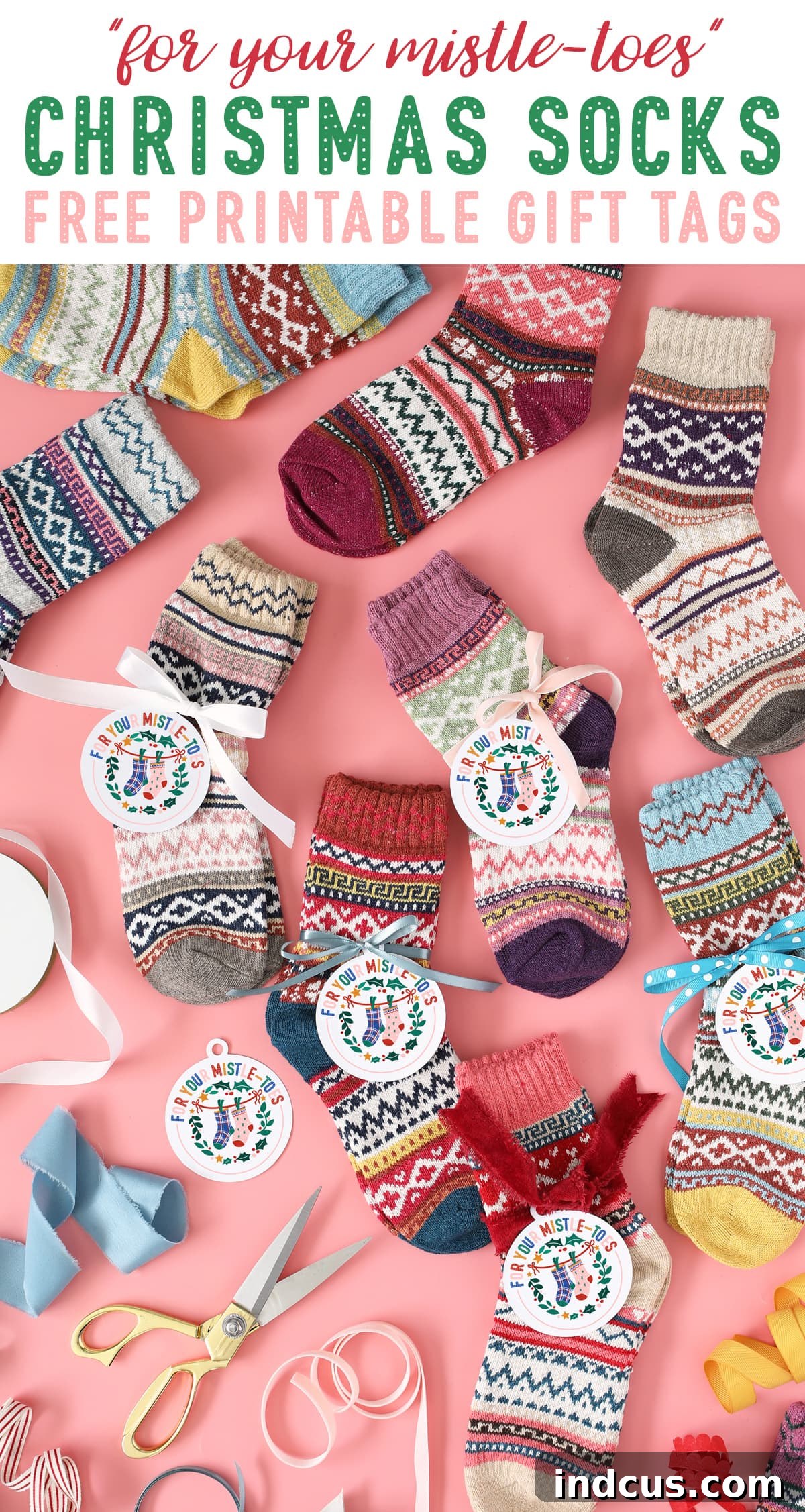 Close-up of 'for your mistletoes' punny printable Christmas gift tag on socks