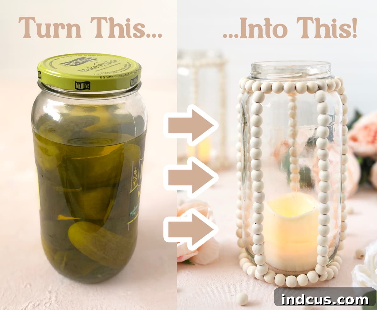 Boho-inspired pickle jar lanterns adorned with natural wood beads