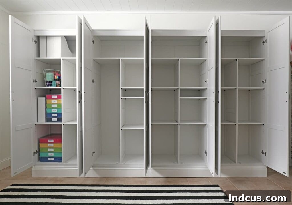 Interior view of craft room storage cabinets showcasing organized supplies behind closed doors