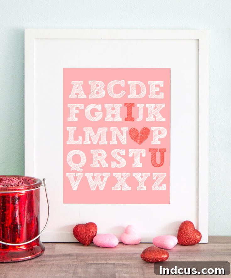 Free printable 'I Heart U' alphabet art for Valentine's Day decor