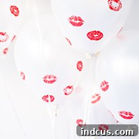 Pucker Up Valentine's Day party balloons decorated with lipstick kisses