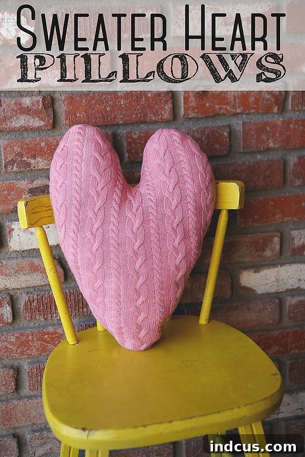 Upcycled sweater heart pillows for cozy Valentine's Day decor