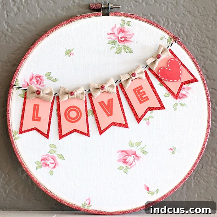 Valentine's Day 'Love' hoop art made with an embroidery hoop