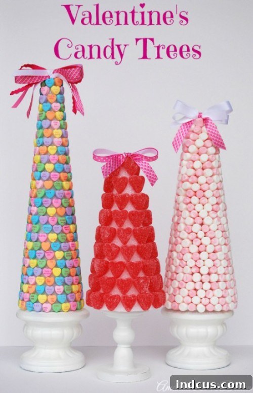 DIY Valentine's Day candy trees with heart-shaped candies