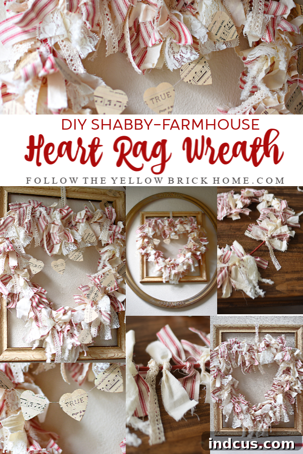 DIY shabby farmhouse heart rag wreath for Valentine's Day