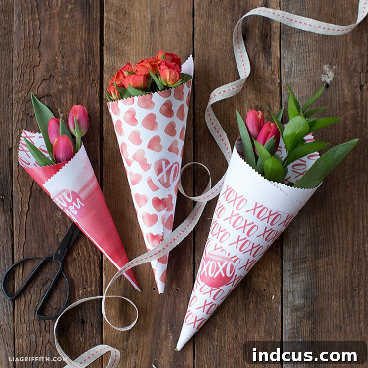 Printable paper cones for beautifully wrapping Valentine's Day flowers