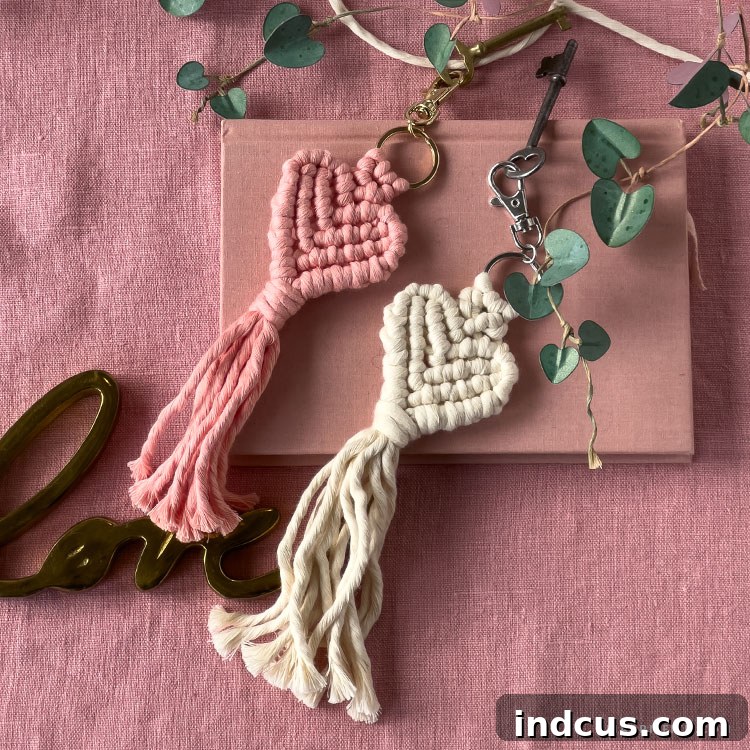DIY macramé heart key chain, a cute craft for all year