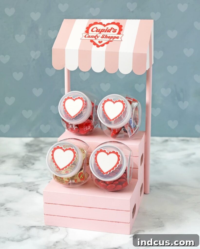 Cupid's Candy Shoppe display using Dollar Tree items for Valentine's Day