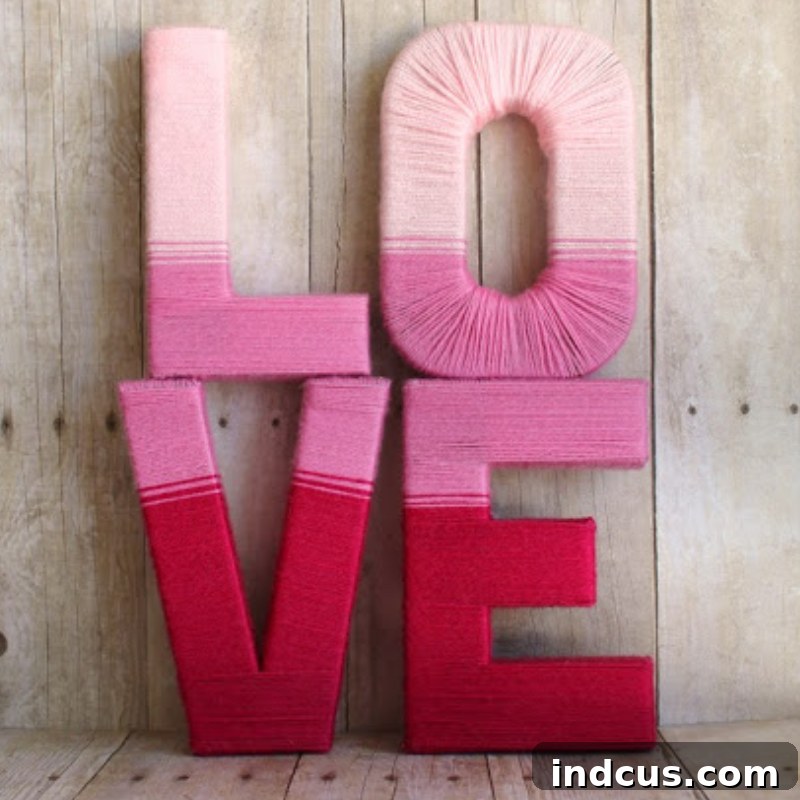 Yarn wrapped LOVE letters for a cozy Valentine's Day decoration