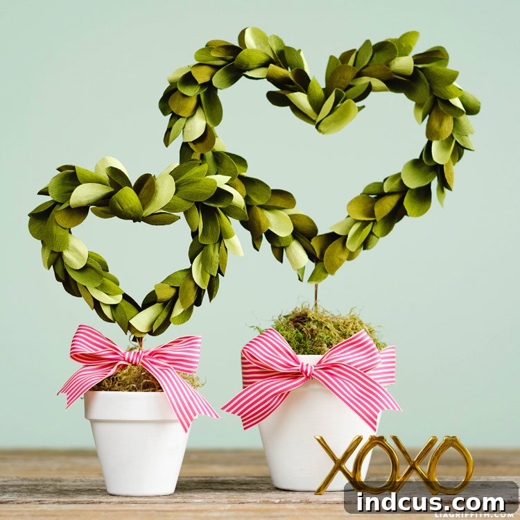 Chic crepe paper heart shaped topiaries for elegant Valentine's decor