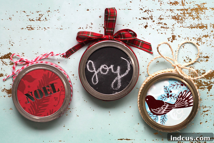 Mason Jar Lid Ornaments Made from Repurposed Christmas Cards
