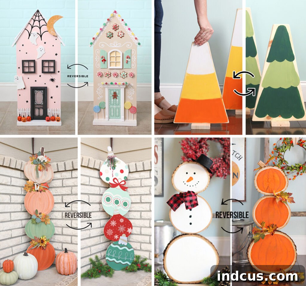 Collection of reversible holiday decor crafts, featuring pumpkins, snowmen, and festive signs for various seasons