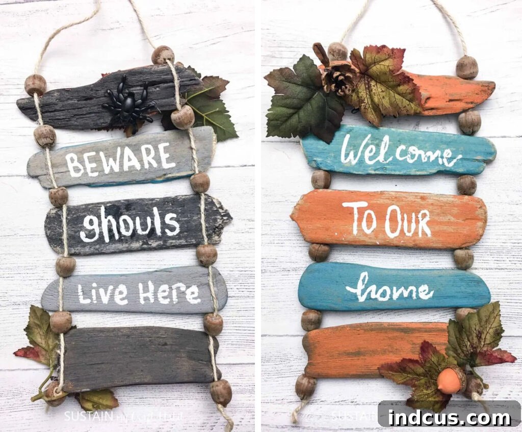 Reversible driftwood sign craft for fall and Halloween decor