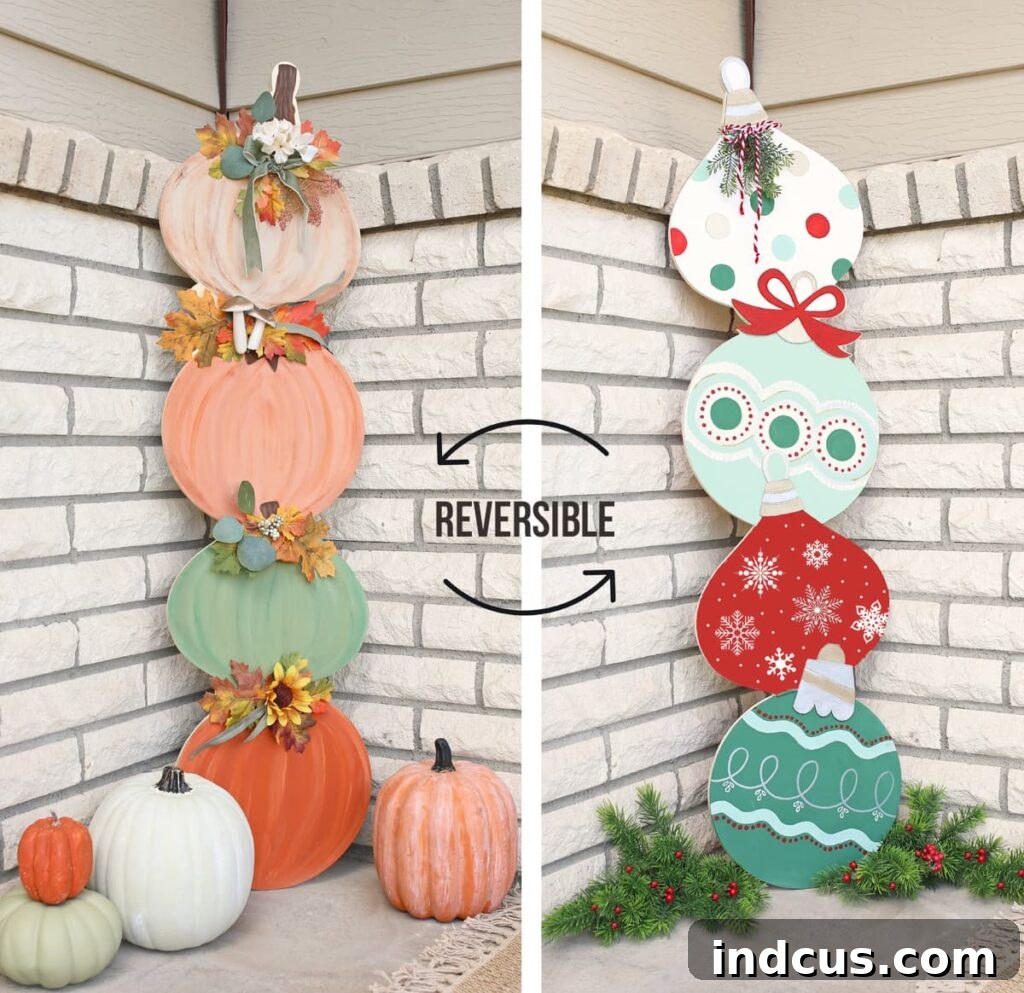 Reversible pumpkins for fall and Christmas ornaments for winter holiday decoration