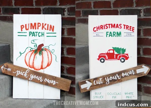 Reversible holiday sign featuring pumpkin patch and Christmas tree farm themes