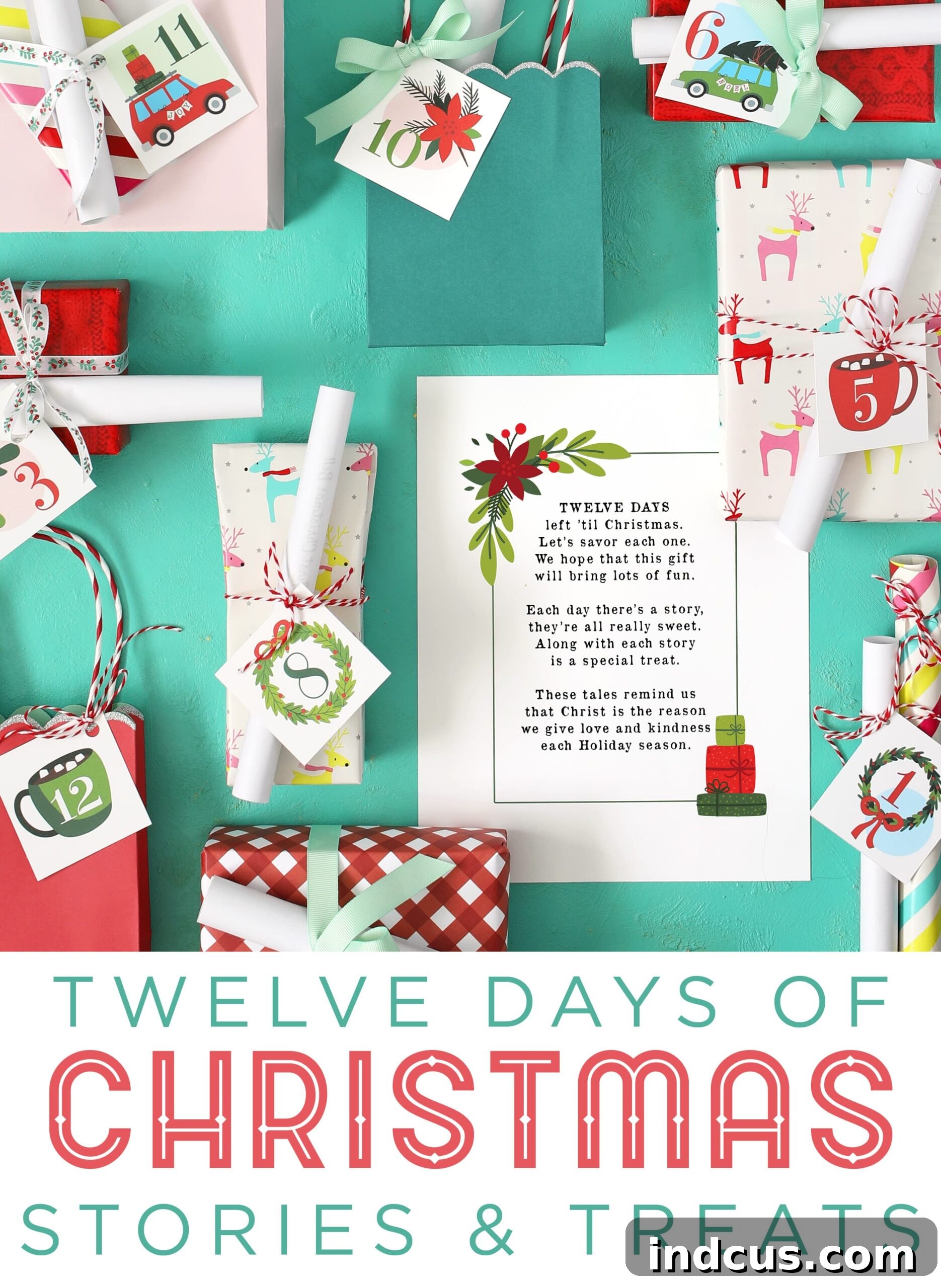 This Twelve Days of Christmas gift idea is easy to put together with printable stories, a printable poem and numbered gift tags. Each day leading up to Christmas, read a heartwarming story and open the coordinating wrapped treat. Meaningful Christmas countdown, DIY Christmas gifts.
